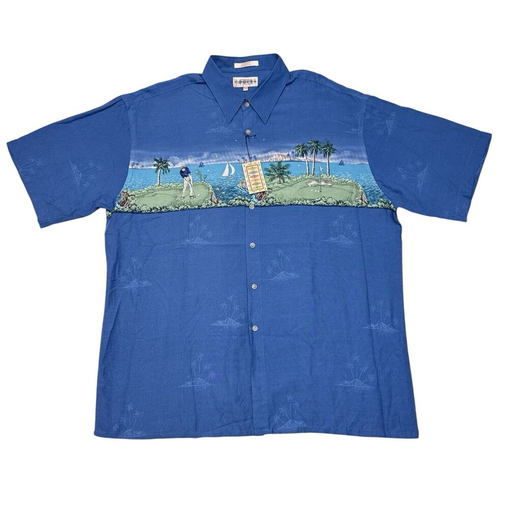 Vintage Hawaiian Golf Shirt Mens Size XL Blue Campia Moda Short Sleeve Button Up